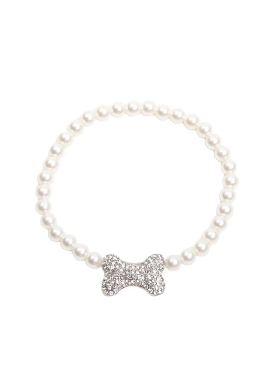 Rhinestone Bone-Shaped Pearl Dog Necklace