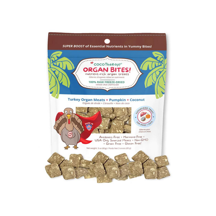CocoTherapy Organ Bites! Turkey Meat + Pumpkin + Coconut - Raw Freeze Dried Treat for Cats or Dogs