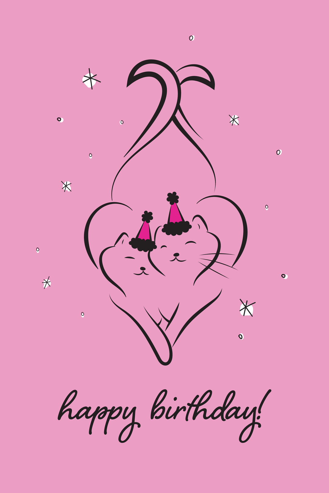Happy birthday card with two cats in party hats inside a heart on a pink background.