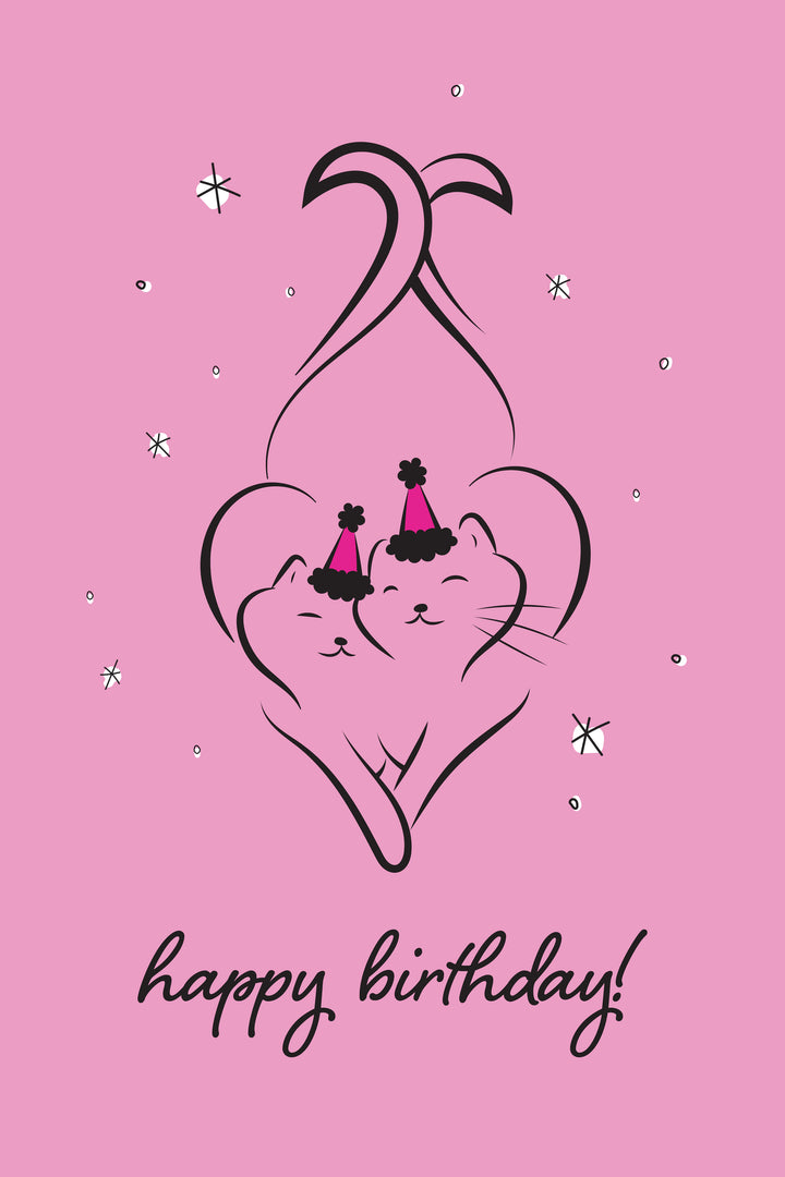 Happy birthday card with two cats in party hats inside a heart on a pink background.