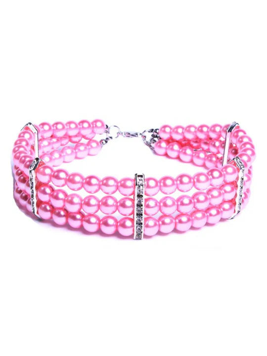 Three Row Pearl Chocker Dog Neckalce - (Hot PInk, Cream or White)