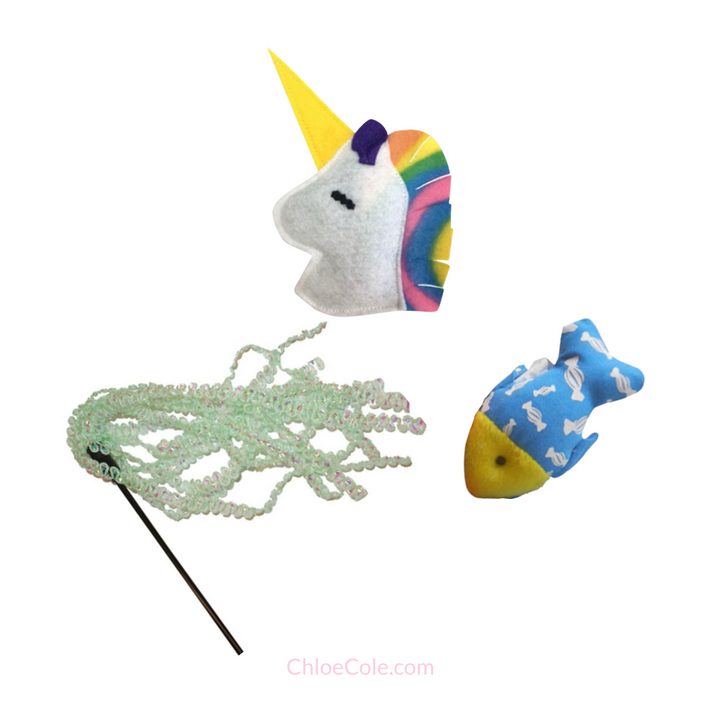 Unicorn, Fish Catnip Toys and Sparkle Wand for Cats (set of 3)