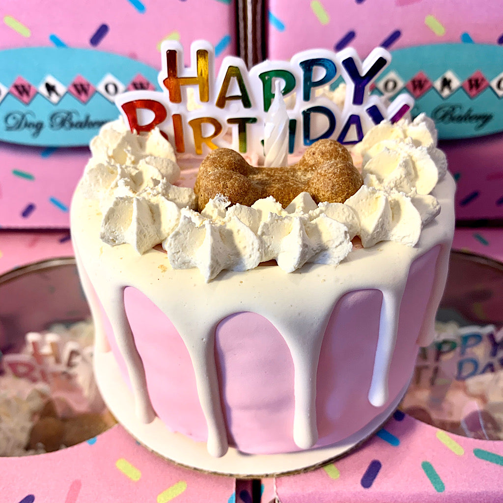 4" Drip Birthday Dog Cake - Peanut Butter - Pink