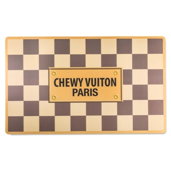 Chewy Vuiton Checker Dog Bowls and Placemat