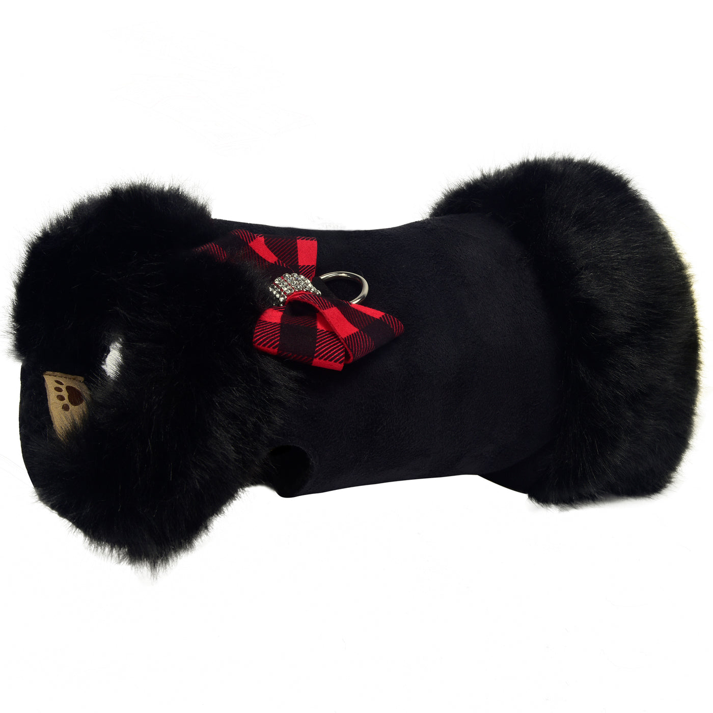 Red Gingham Nouveau Bow Black Faux Fox Fur Dog Coat