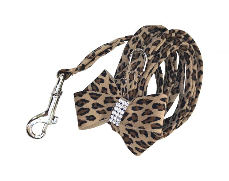 4ft Ultra Suede Crystal Bow Dog Leash, Cheetah