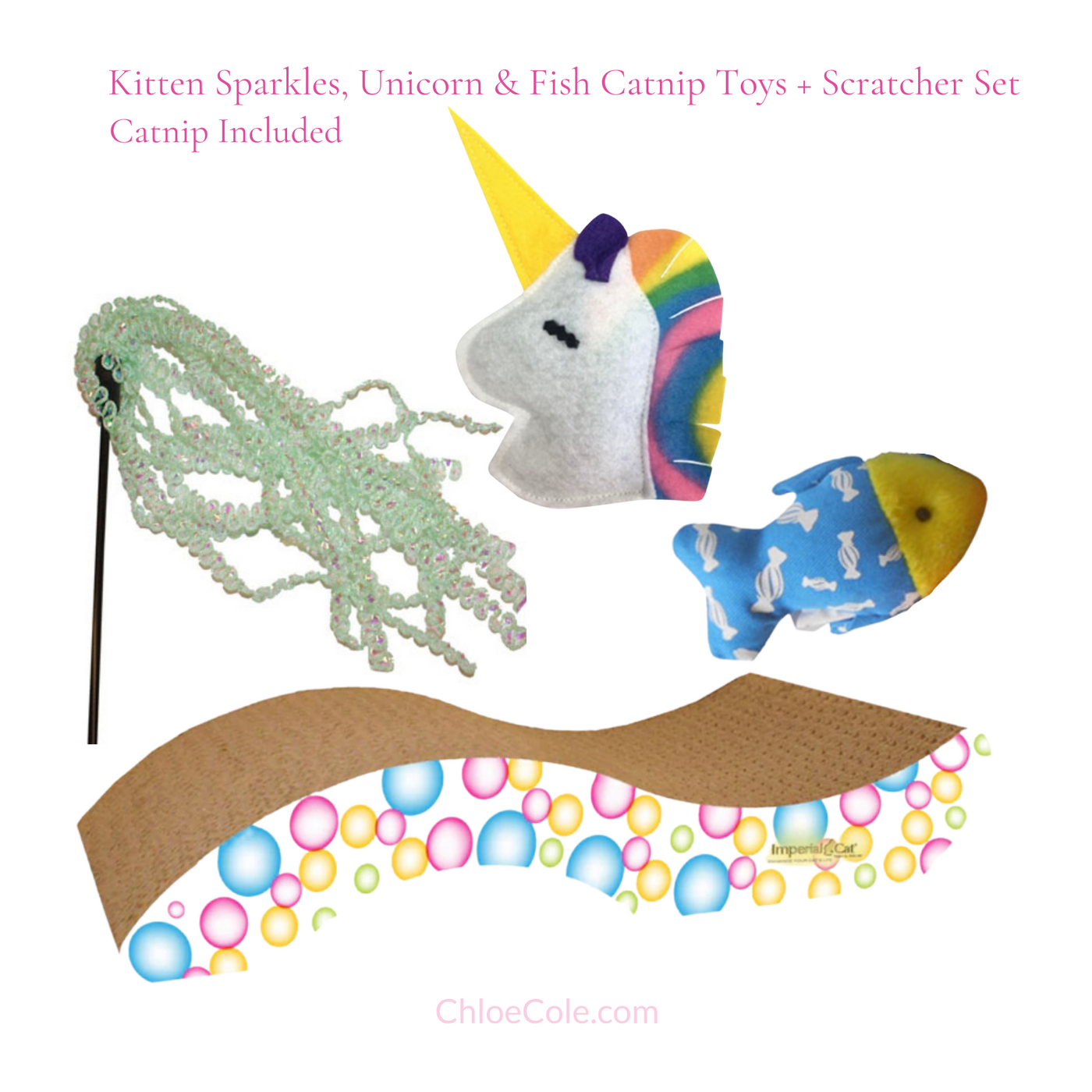 Kitten Sparkles, Unicorn & Fish Catnip Toys + Scratcher Set