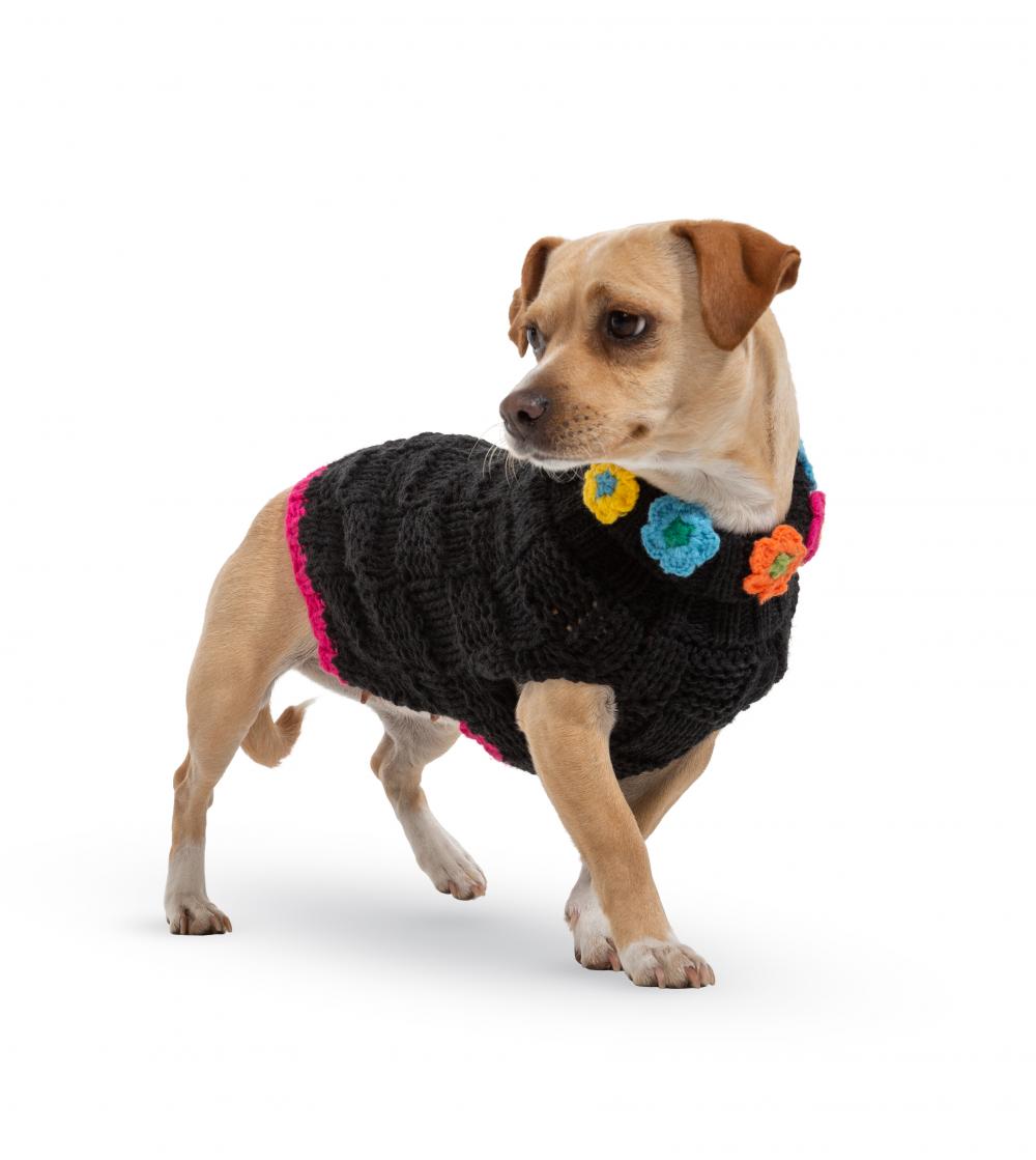 Black Floral Basketweave Hand Knit Sweater