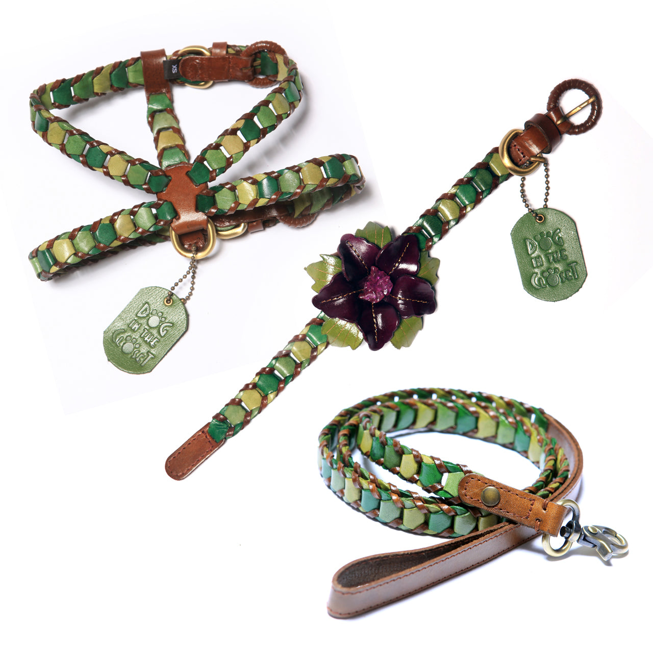 Shades Of Green Leather Dog Collar