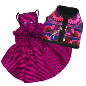 Lanna Fuchsia Checked Silk Dog Dress with Crochet Trim