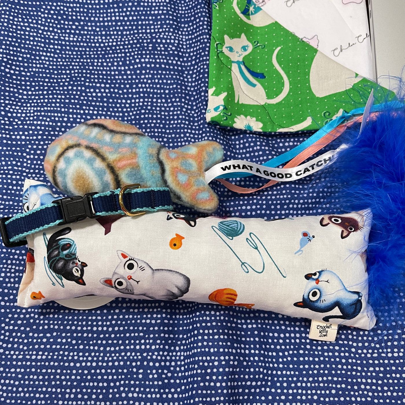 4 Piece Blue Cat Gift Box with 19 x 17 Catnip Mat & Collar