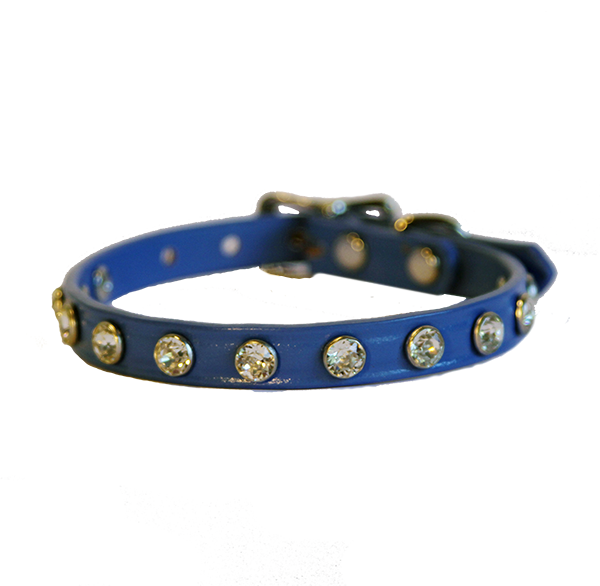 Minnie Maddie Leather Dog Collars w/ Genuine Crystals Blue