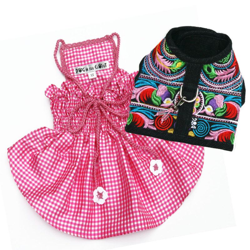 Lanna Pink Checked Silk Dog Dress With Crochet Trim