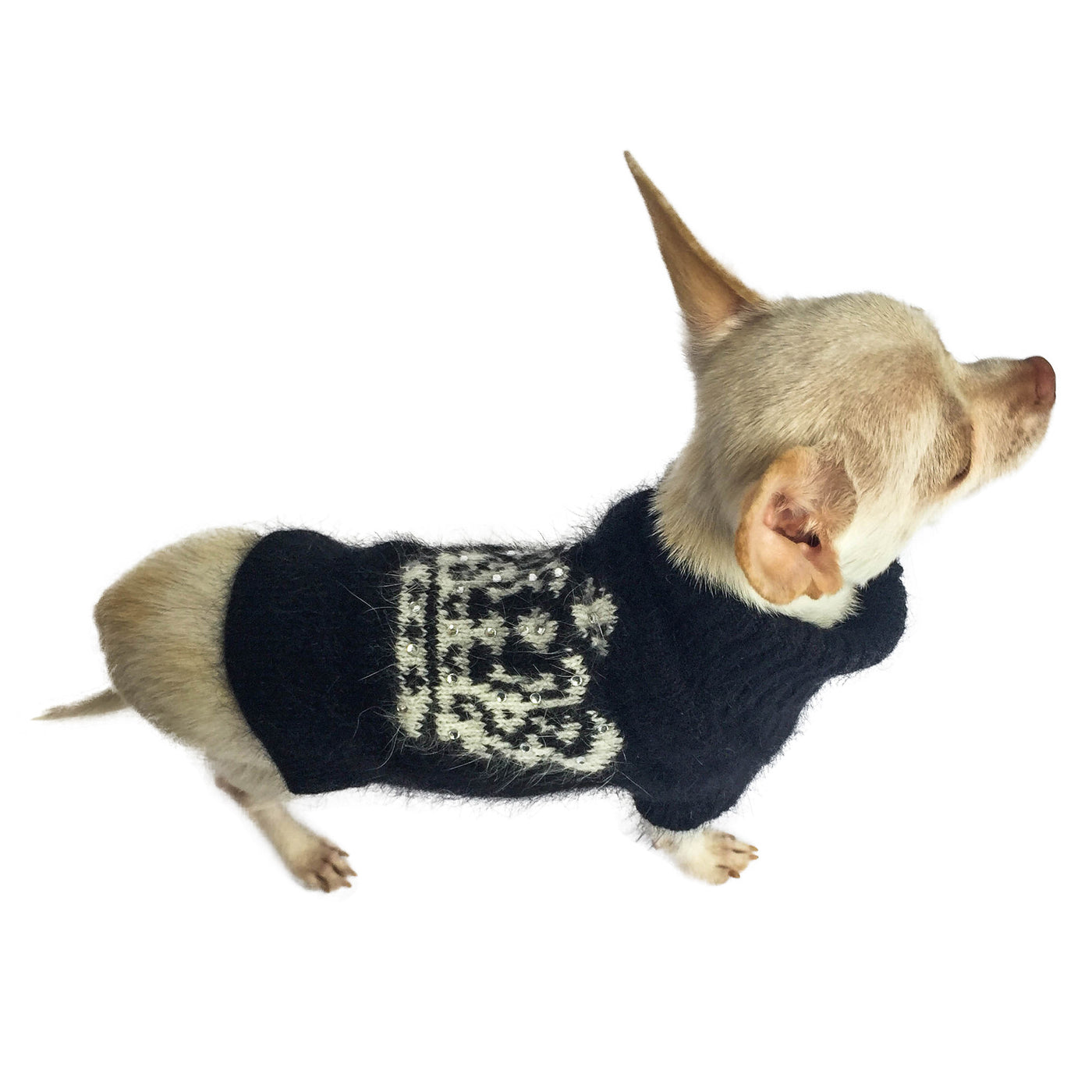 Luxury Diana Crown Angora Blend Turtleneck, Black and White Intarsia