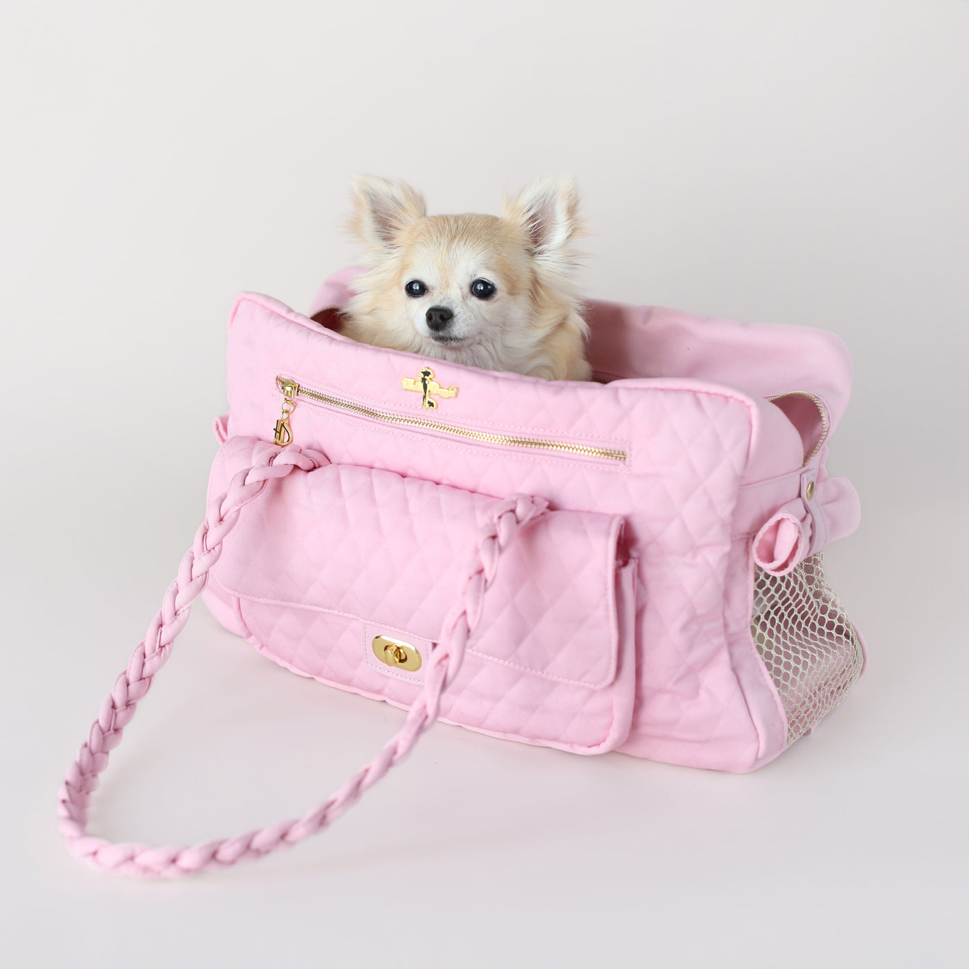 Luxury Pet Carrier | The Porsha dog carrier is the perfect carrier for you and your baby! This luxury carrier includes meshing on both sides, YKK zippers, and plenty of storage space in the front pocket for all your necessities and accessories. Travel in style with our luxury carrier! | Chloe Cole Pet Couture |  Large- 17.5" x 7" x 10" | Holds dogs up to 8 Lbs