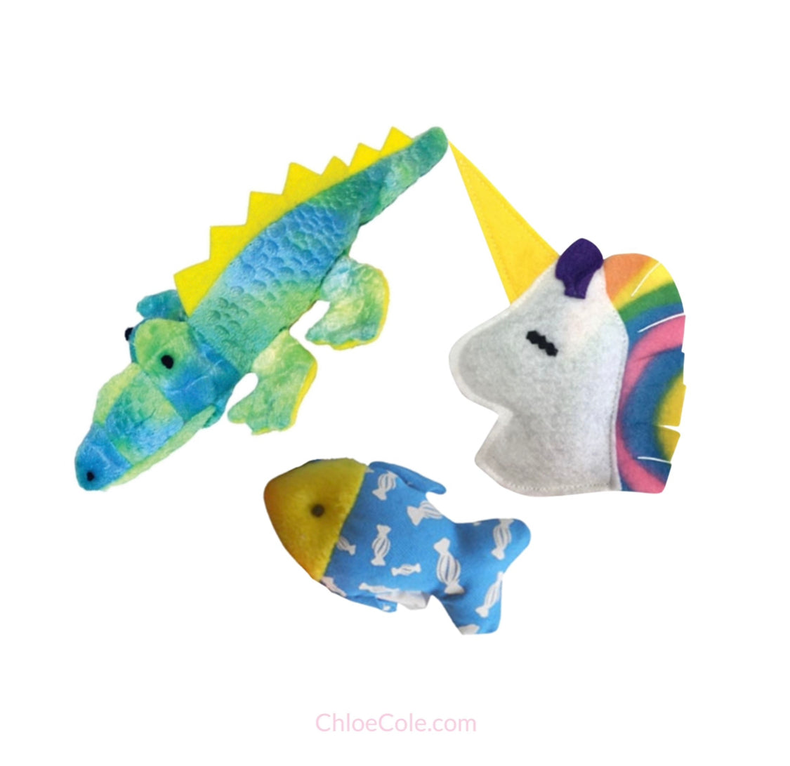 3 Cat Toys, Unicorn, Alligator, Fish