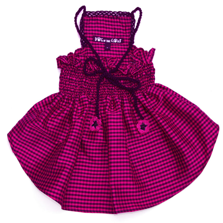 Lanna Fuchsia Checked Silk Dog Dress with Crochet Trim