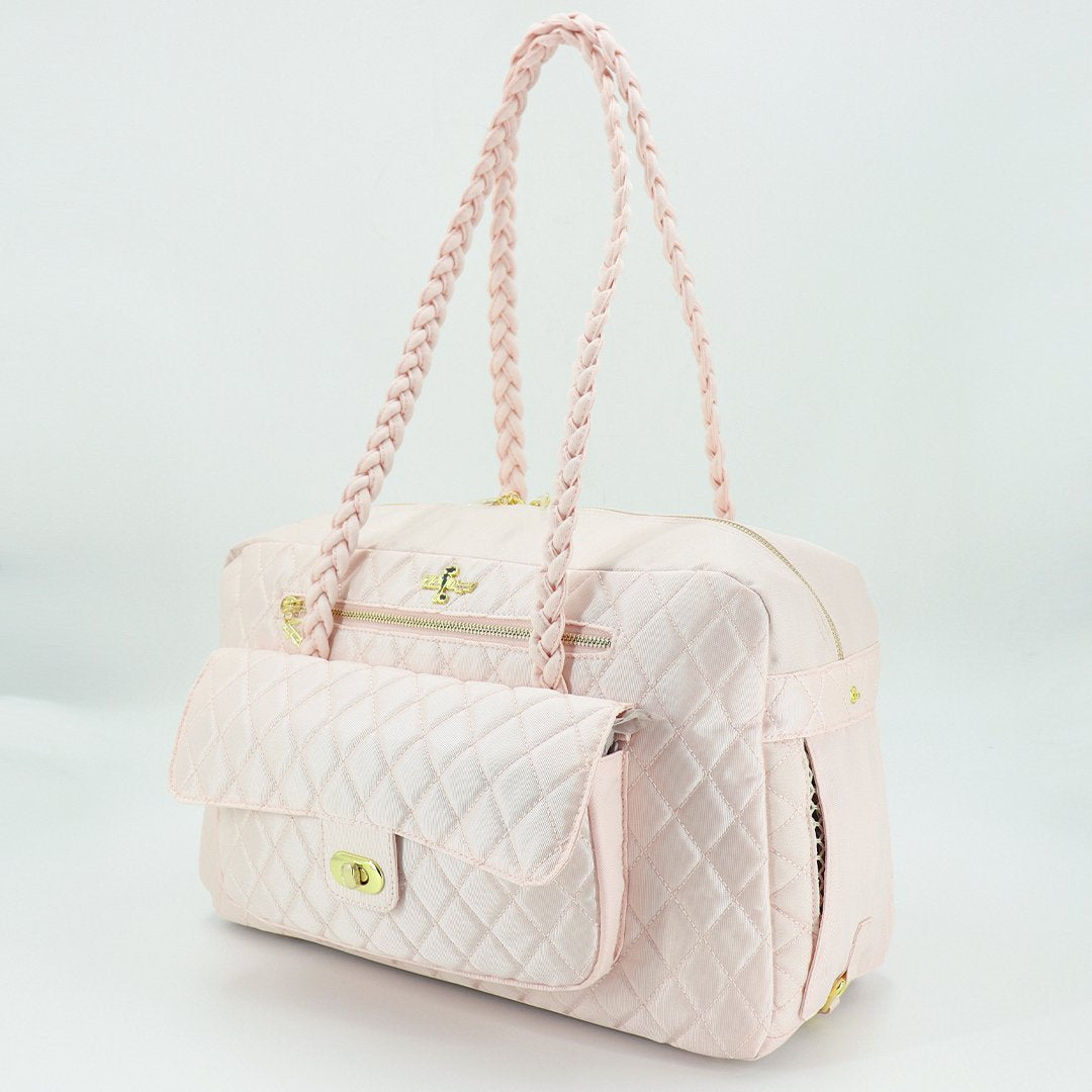 Blush Luxury Pet Carrier | The Porsha dog carrier is the perfect carrier for you and your baby! This luxury carrier includes meshing on both sides, YKK zippers, and plenty of storage space in the front pocket for all your necessities and accessories. Travel in style with our luxury carrier! | Chloe Cole Pet Couture |  Large- 17.5" x 7" x 10" | Holds dogs up to 8 Lbs